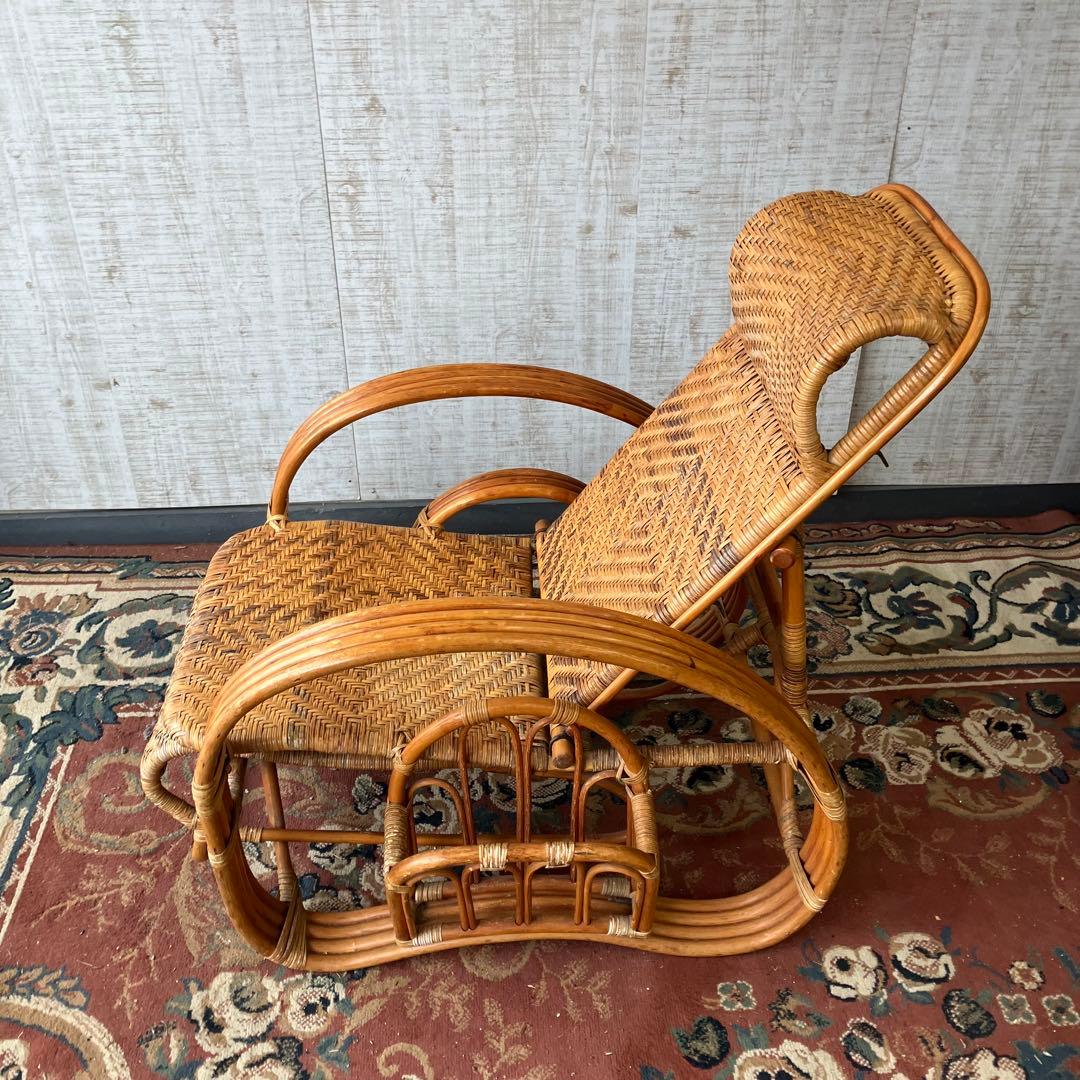 ビンテージ ラタンリクライニングチェア オットマン付き 籐家具 1人掛けソファー