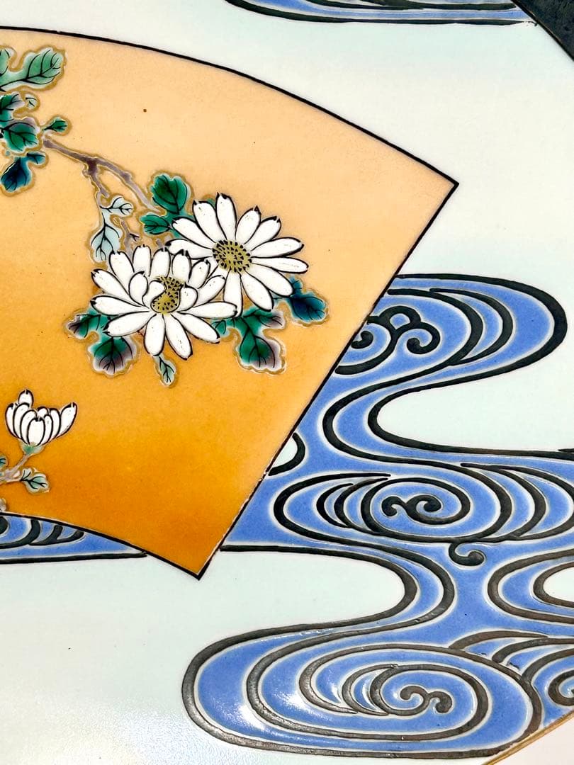 稀少 明治九谷の第一人者 松本佐平 松雲堂 五彩手流水草花文大皿 九谷焼