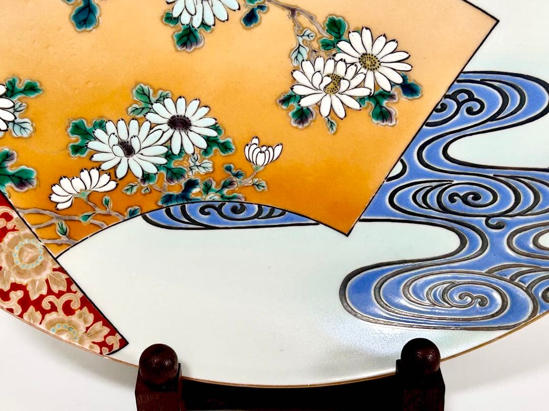 稀少 明治九谷の第一人者 松本佐平 松雲堂 五彩手流水草花文大皿 九谷焼