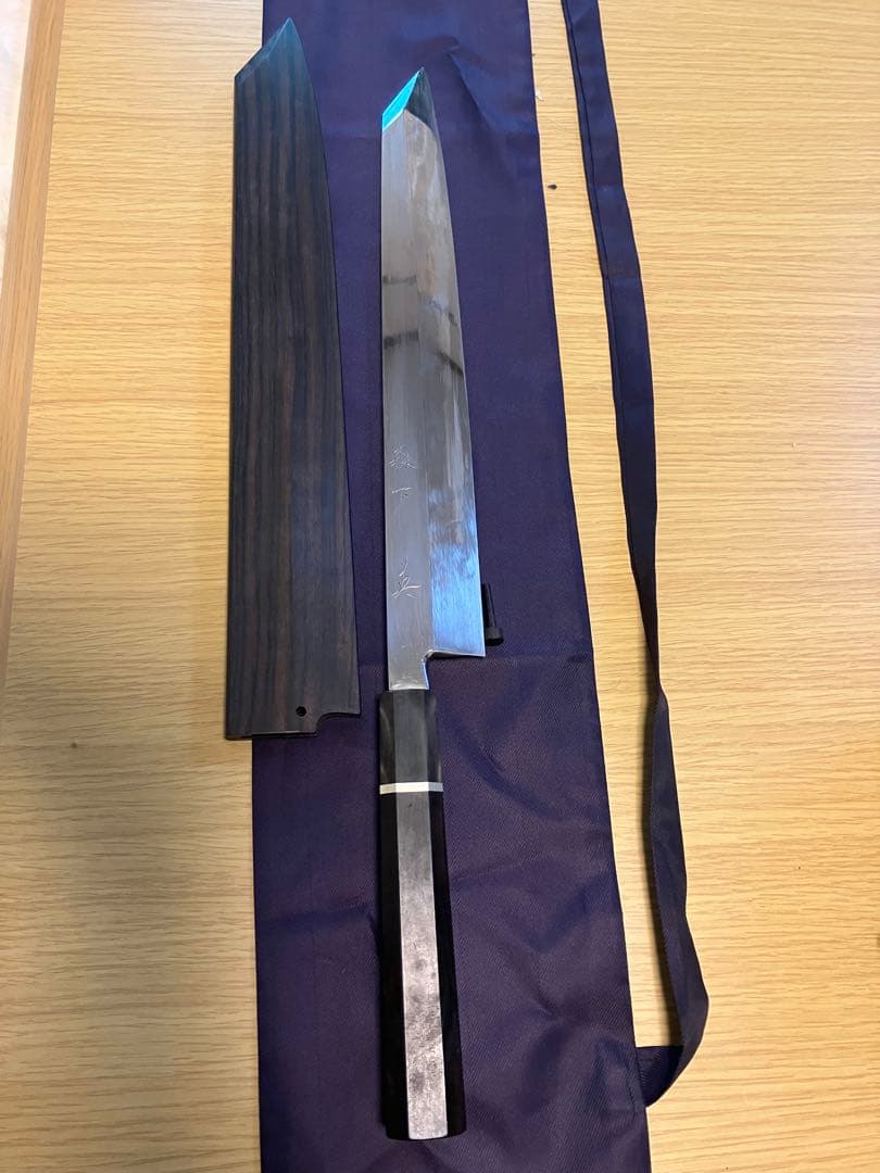 切り付け柳刃包丁 本焼き 黒檀 約33cm 鞘付き 作者 英
