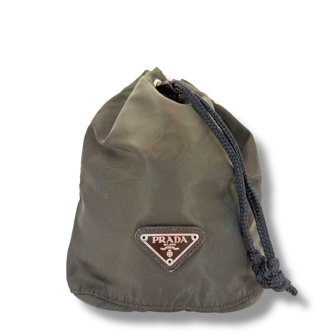 良品 PRADA 巾着ポーチ カーキ ヴィンテージ ナイロン 三角ロゴ