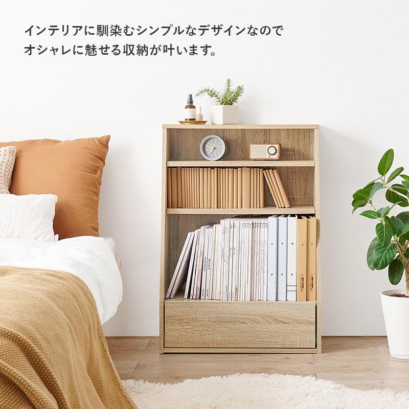 【幅60㎝】本棚 大容量 薄型 スリム 引き出し 書棚 ロータイプ【ホワイト】