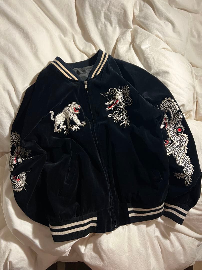 90s ベロア スカジャン ブラック 刺繍