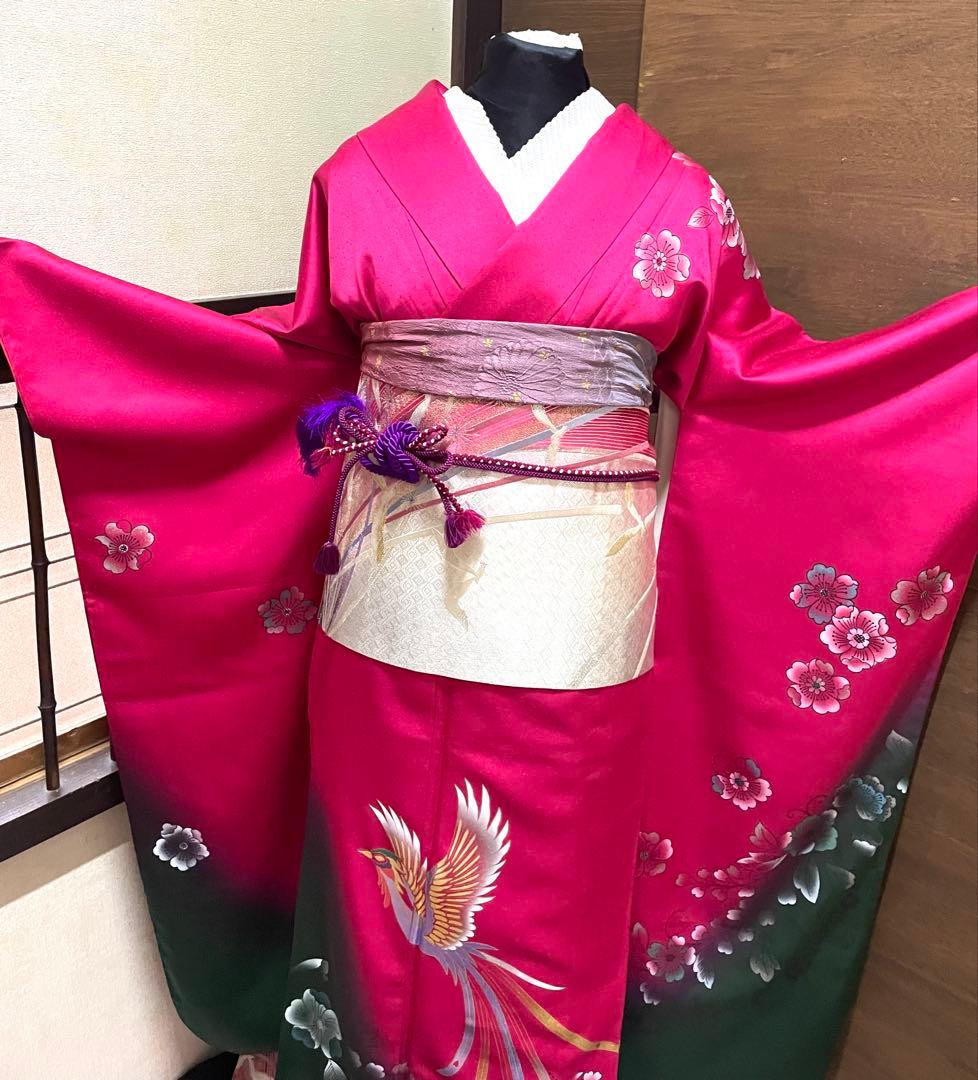 振袖 フルセット6点M〜Ｌ花鳥文　辻が花　暈し染め　金銀彩　正絹