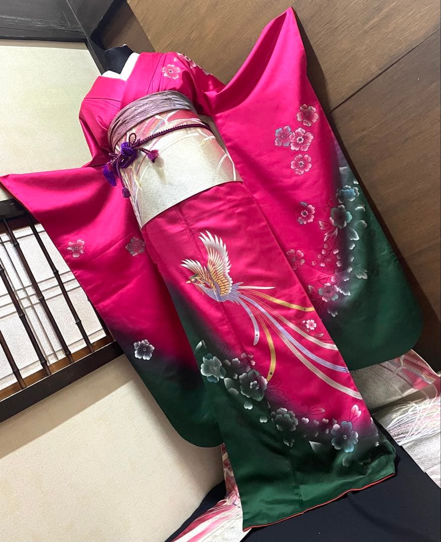 振袖 フルセット6点M〜Ｌ花鳥文　辻が花　暈し染め　金銀彩　正絹