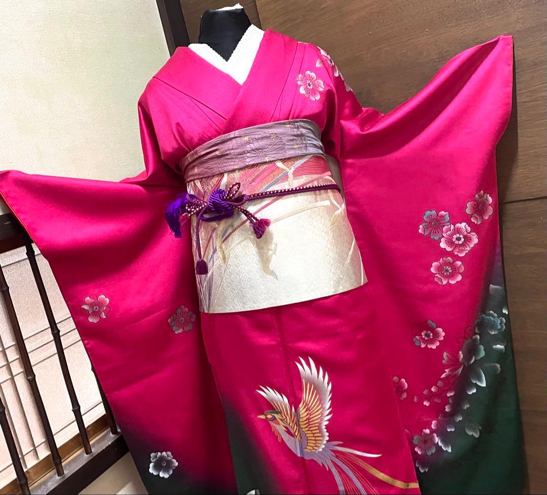 振袖 フルセット6点M〜Ｌ花鳥文　辻が花　暈し染め　金銀彩　正絹