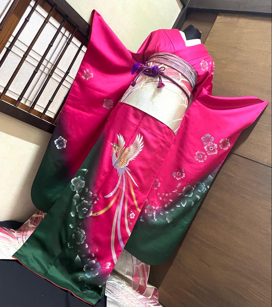 振袖 フルセット6点M〜Ｌ花鳥文　辻が花　暈し染め　金銀彩　正絹