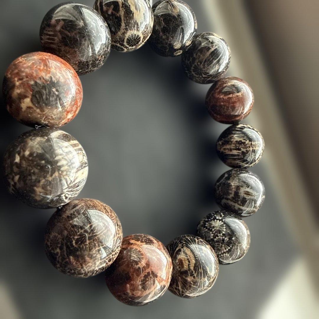 天然黒珊瑚ブレスレット ブラックフォッシルコーラル 珊瑚化石