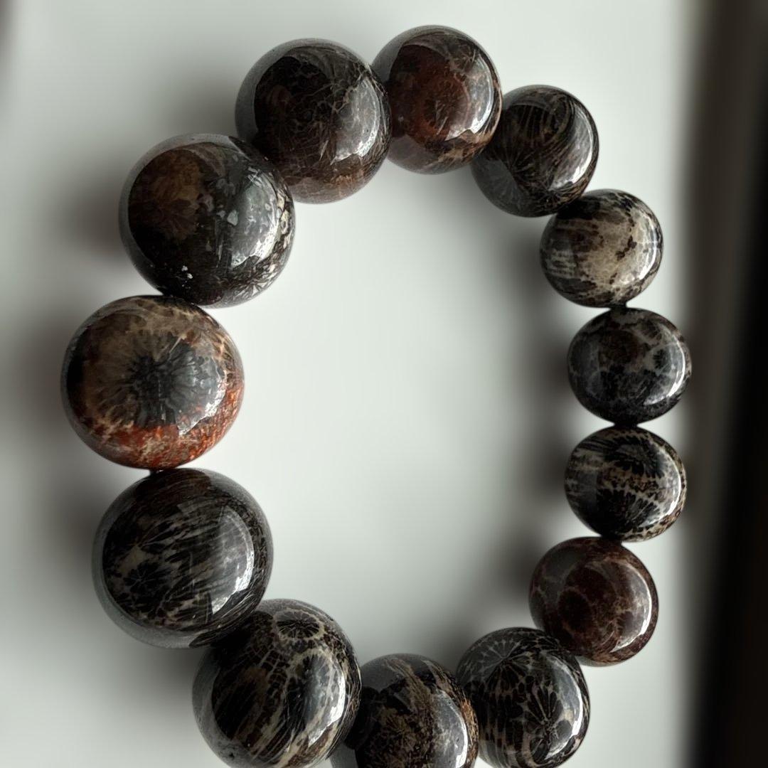 天然黒珊瑚ブレスレット ブラックフォッシルコーラル 珊瑚化石