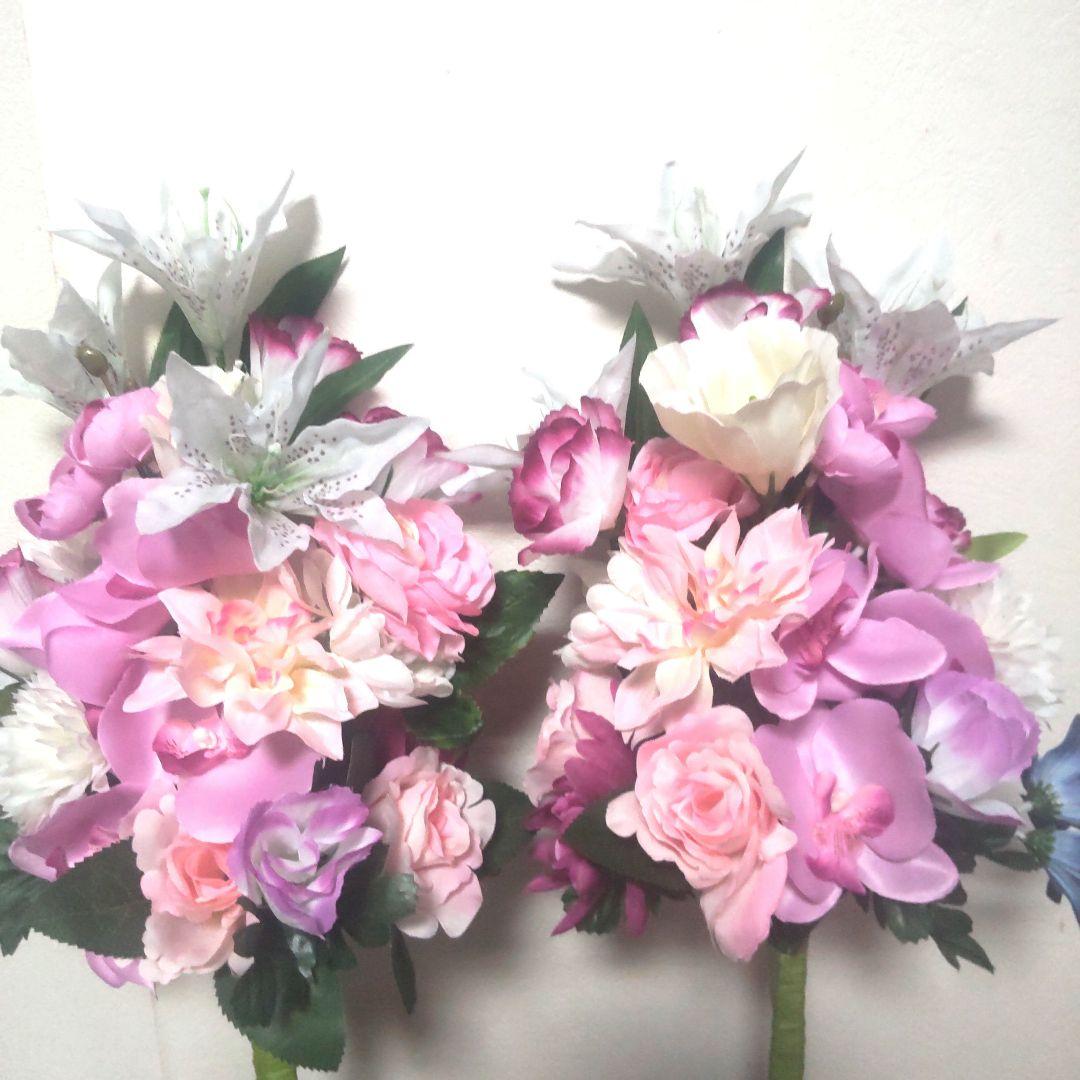 ピンク・ホワイトの造花花束２本組お供えギフトお墓参り仏花ラッピング無料