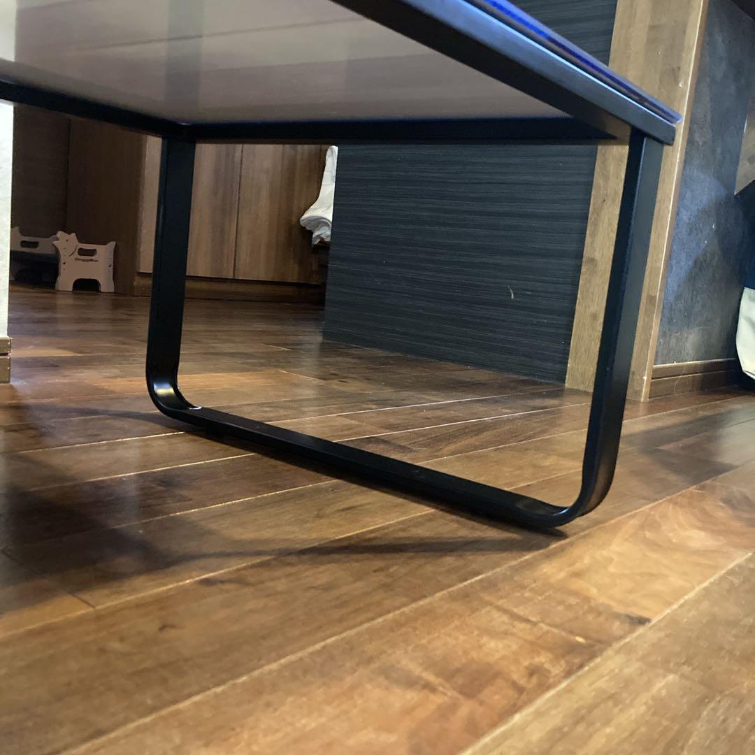 貴重✨️天板強化ガラス 青い木目調 黒い金属製フレーム モダン コーヒーテーブル