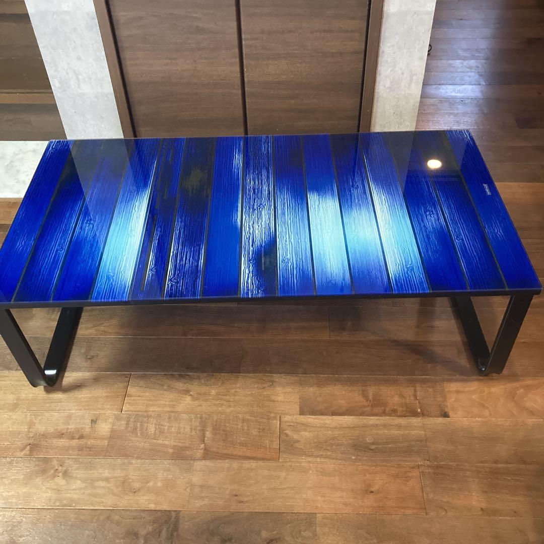 貴重✨️天板強化ガラス 青い木目調 黒い金属製フレーム モダン コーヒーテーブル