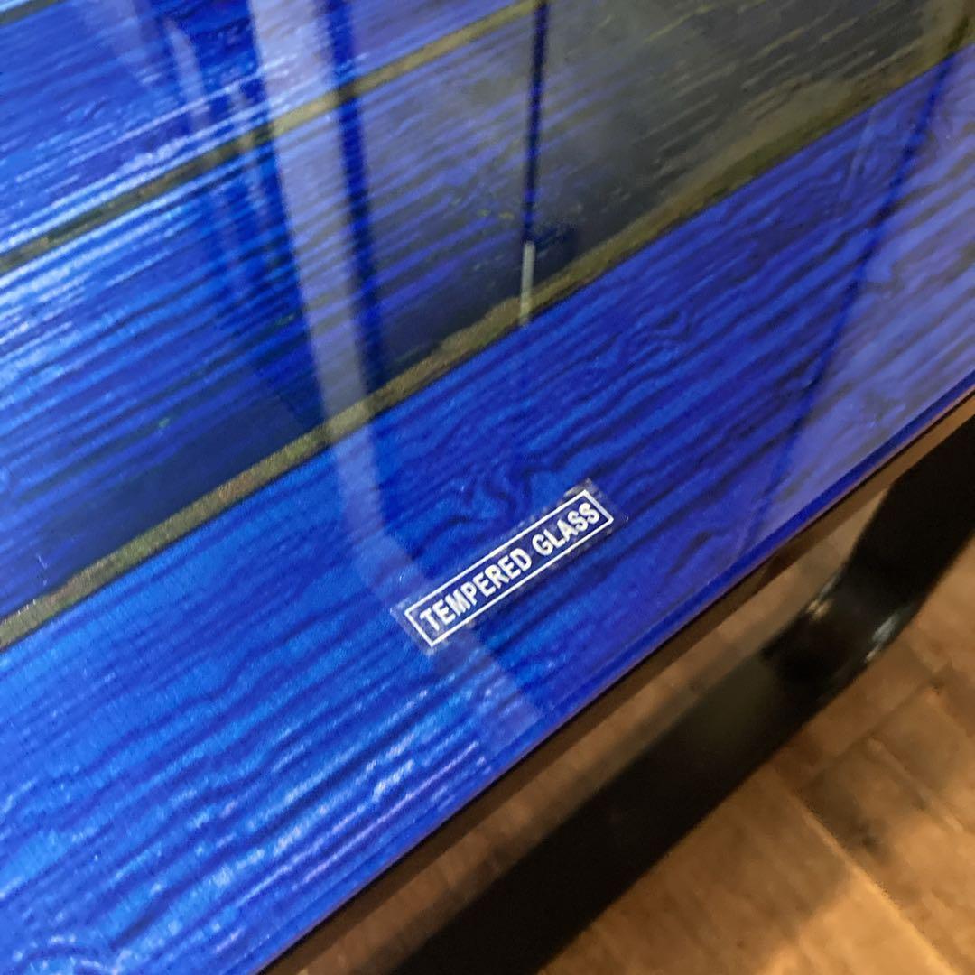 貴重✨️天板強化ガラス 青い木目調 黒い金属製フレーム モダン コーヒーテーブル