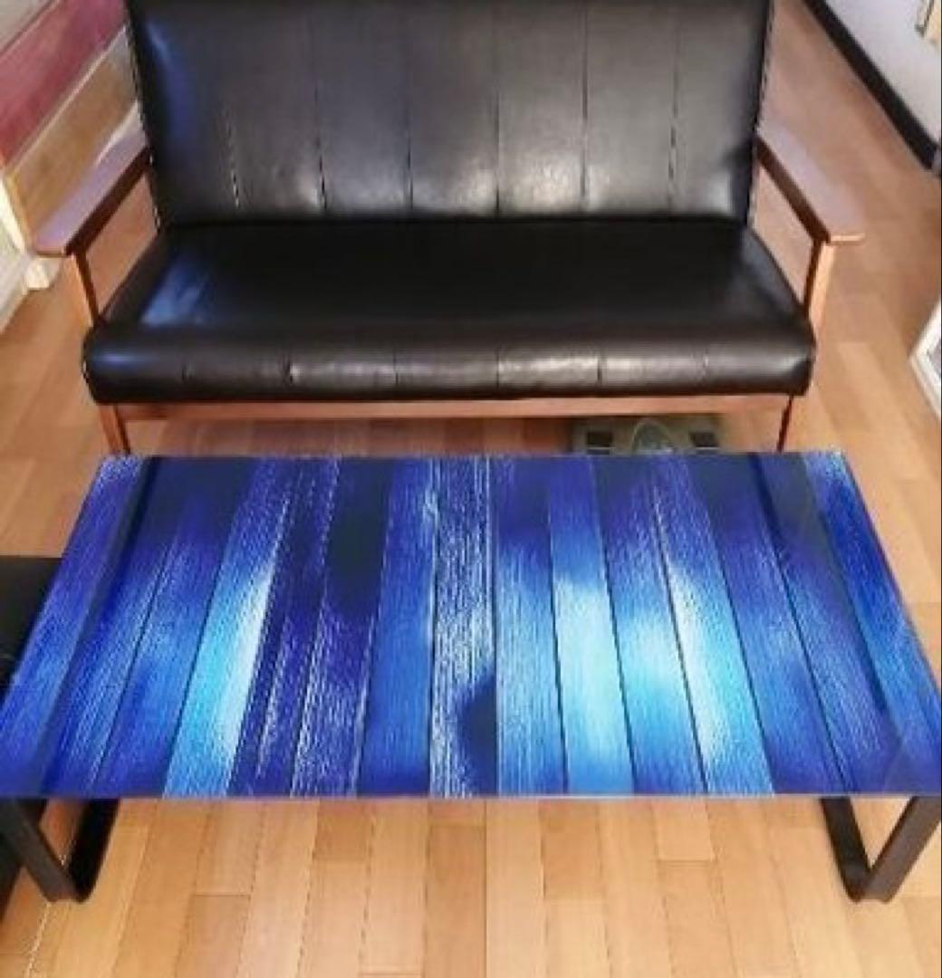 貴重✨️天板強化ガラス 青い木目調 黒い金属製フレーム モダン コーヒーテーブル