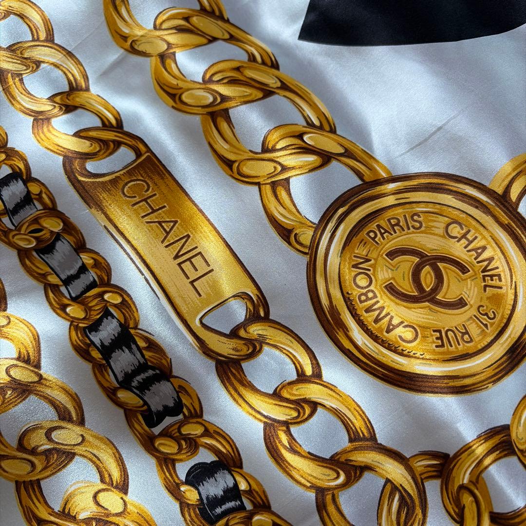 希少 CHANEL シャネル シルク チェーンモチーフココマーク スカーフ
