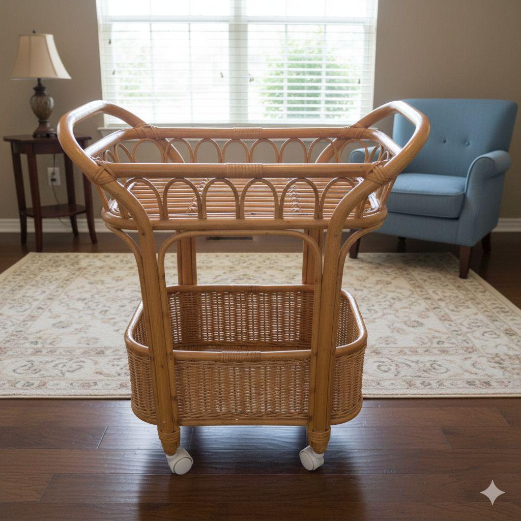 ​【籐/ラタン家具】キャスター付 2段ワゴン 収納バスケット付