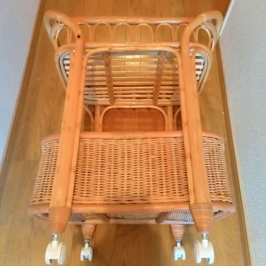 ​【籐/ラタン家具】キャスター付 2段ワゴン 収納バスケット付