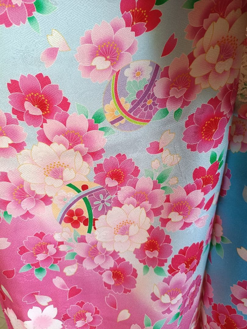 正絹☆ブルーピンクの着物にキラキラ作り帯セット