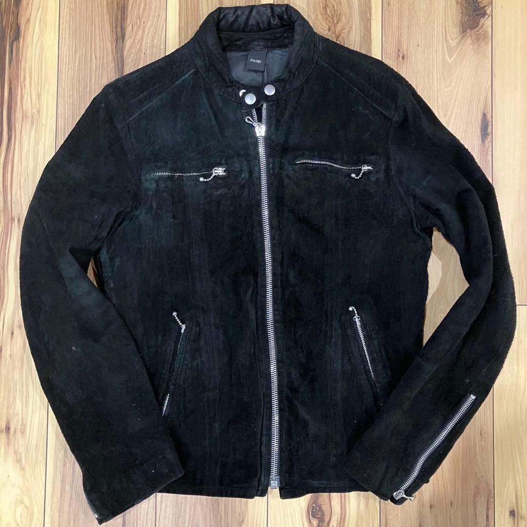 pledge プレッジ　牛革　スエード ブラック シングルライダース　ジャケット
