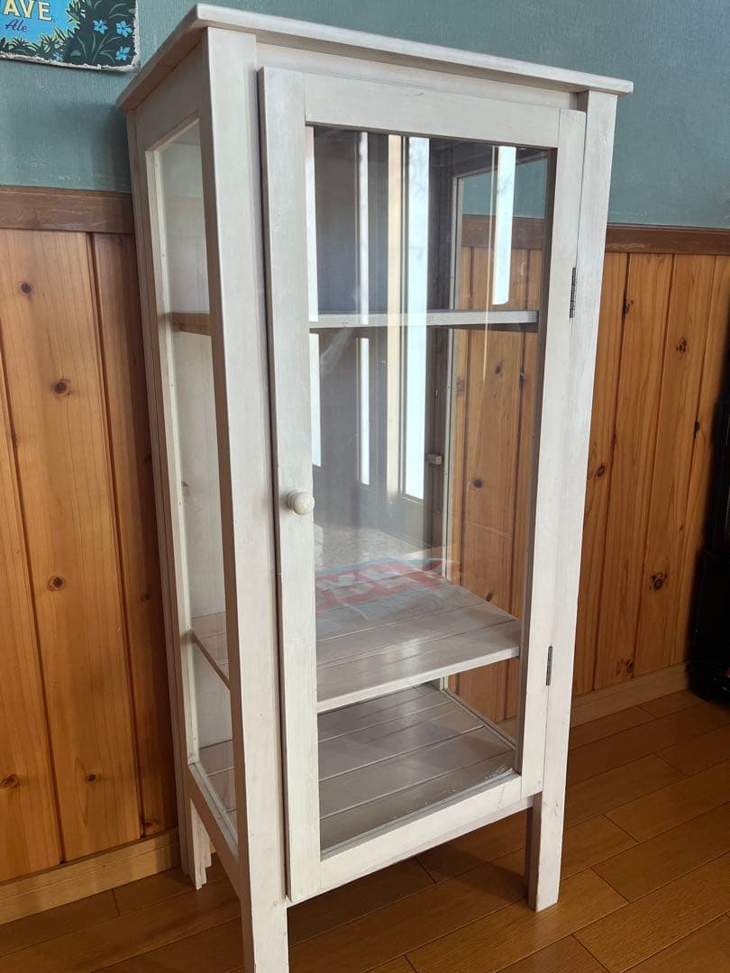 アンティーク　ホワイトガラス扉キャビネット