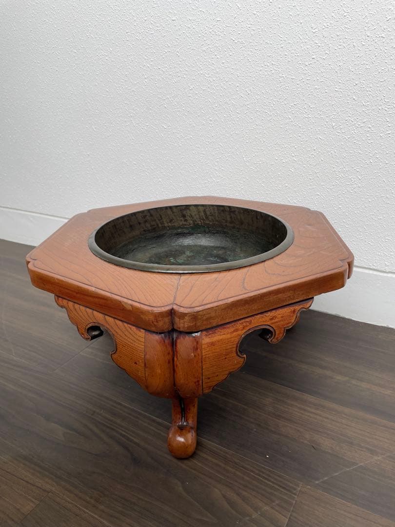 アンティーク　六角形木製火鉢金属皿付き