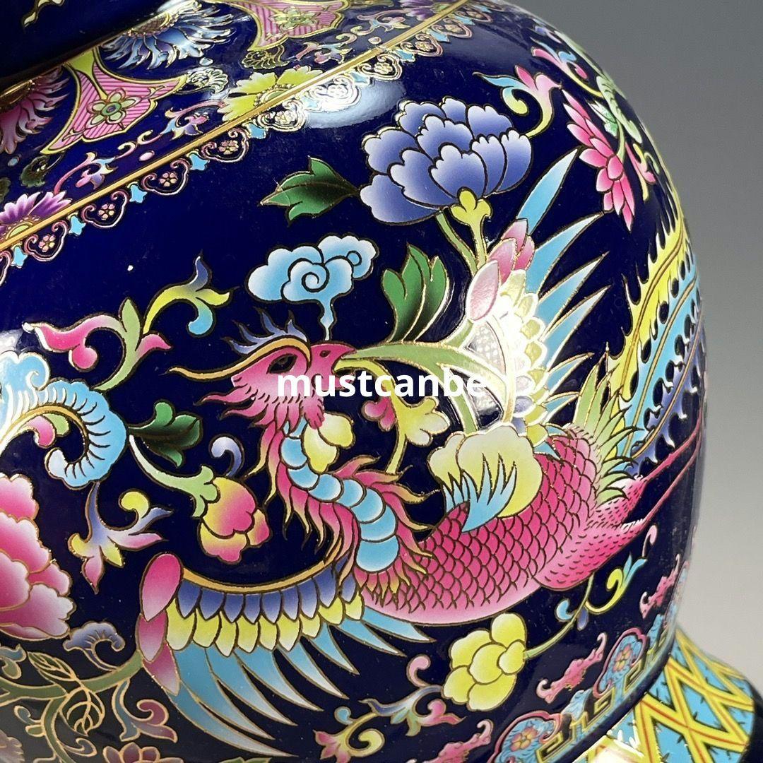 琺瑯彩藍釉鳳穿牡丹両耳瓶 景徳鎮 陶磁器 装飾品 現代工芸品 美術品 置物