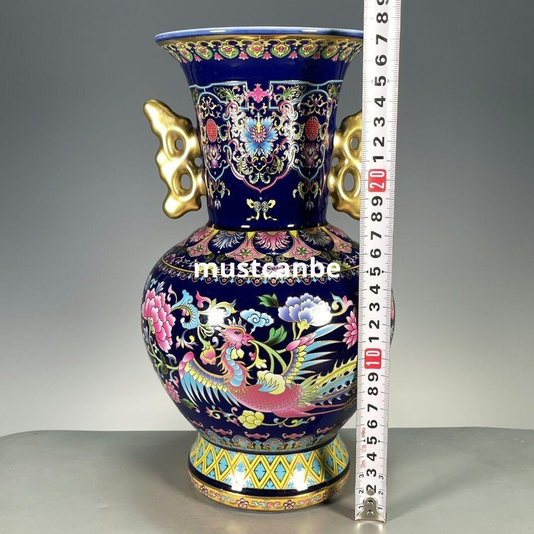琺瑯彩藍釉鳳穿牡丹両耳瓶 景徳鎮 陶磁器 装飾品 現代工芸品 美術品 置物