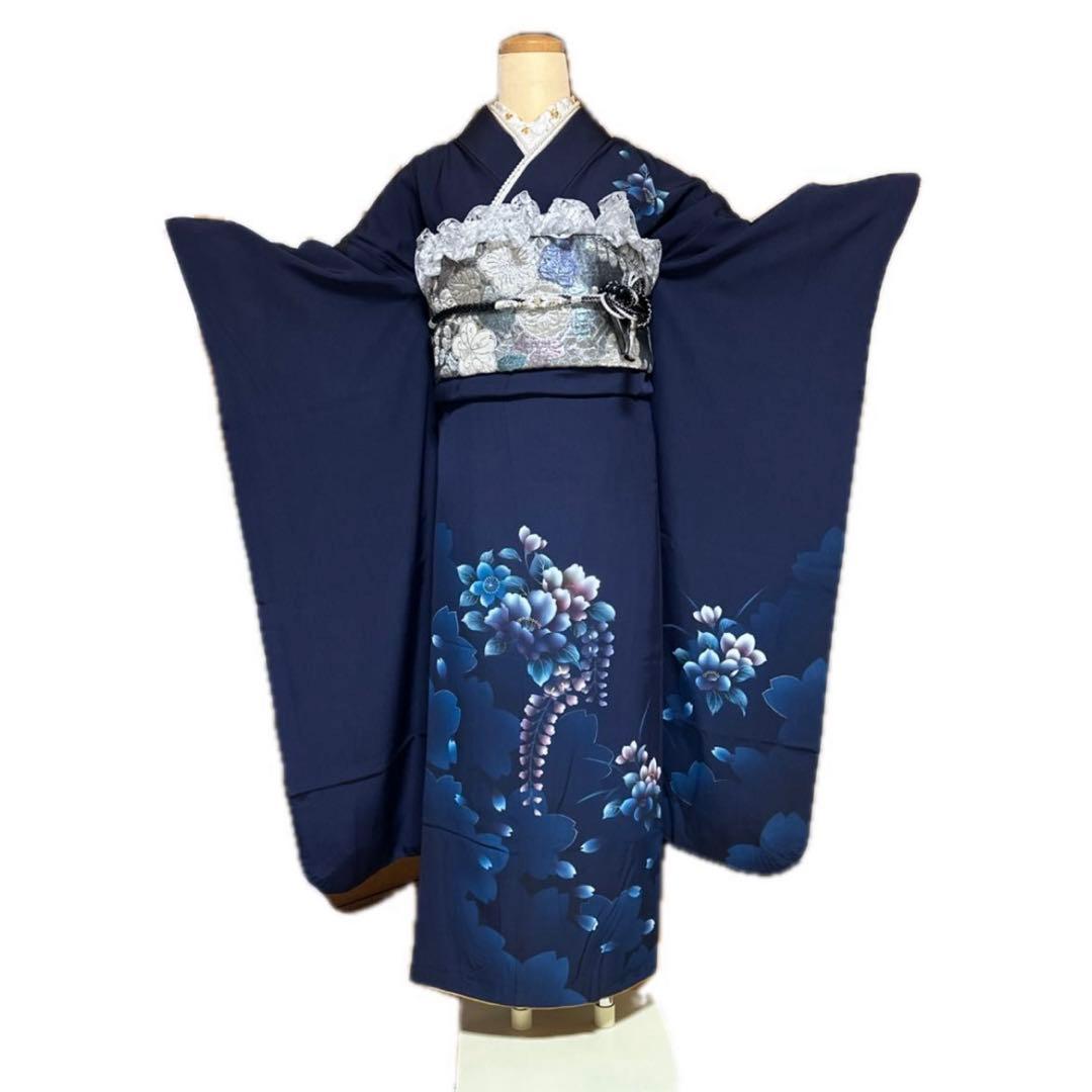 雪の女王❤︎あふれる透明感 紺×シルバーレースの振袖フルセット 成人式