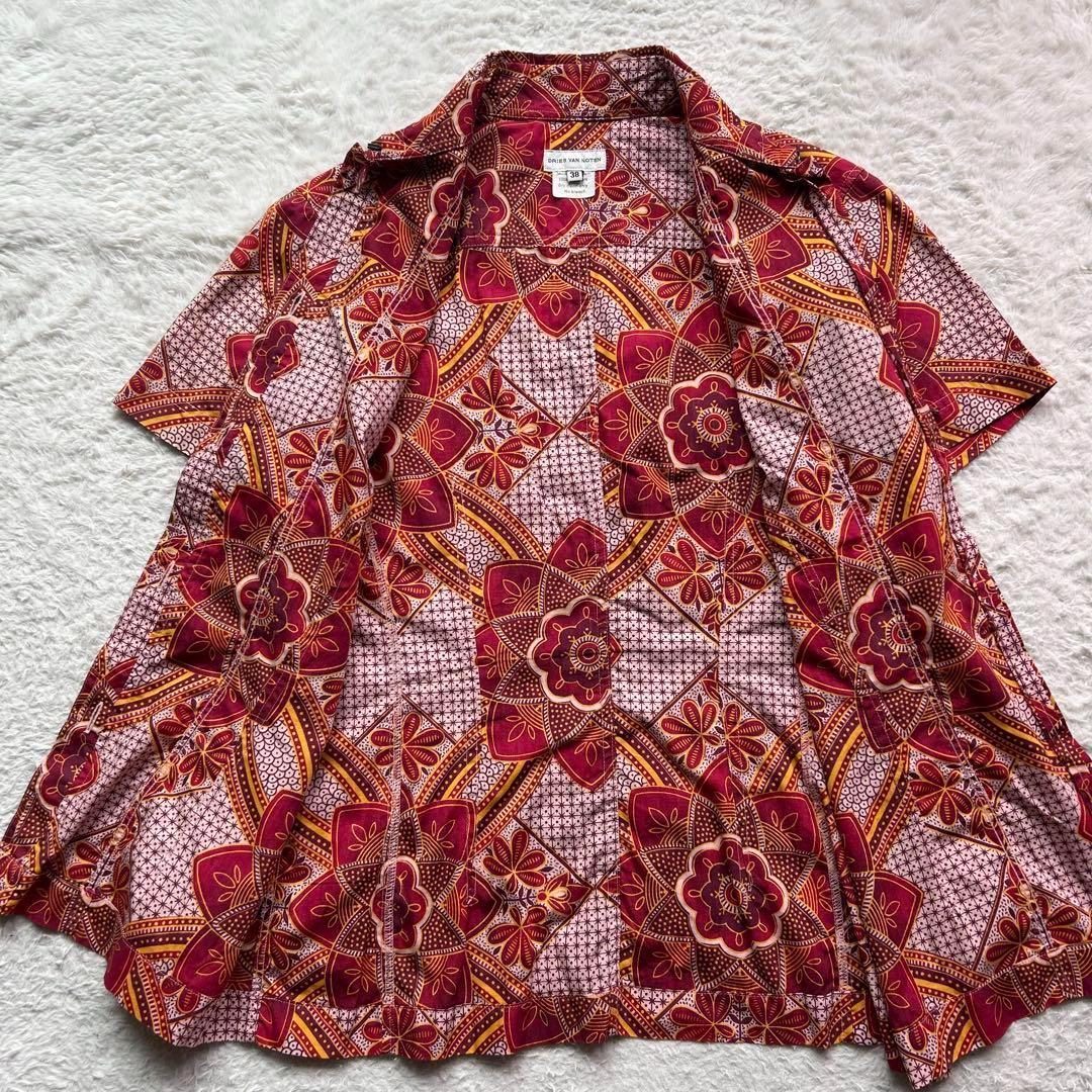 【90s 美品】ドリスヴァンノッテン 半袖シャツ 総柄 和柄 赤系 38サイズ