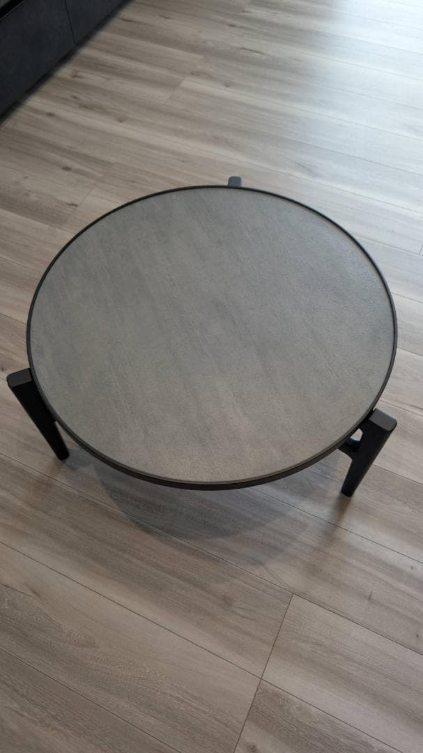 新品　円形センターローテーブル　天然木（オーク）ストーン柄　ブラック