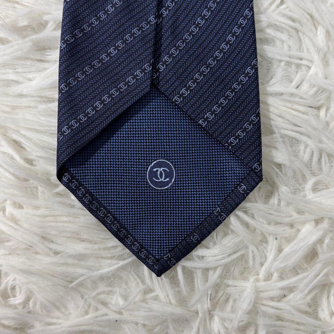【現行】シャネル ネクタイ CC柄 ココマーク シルク100% ネイビー