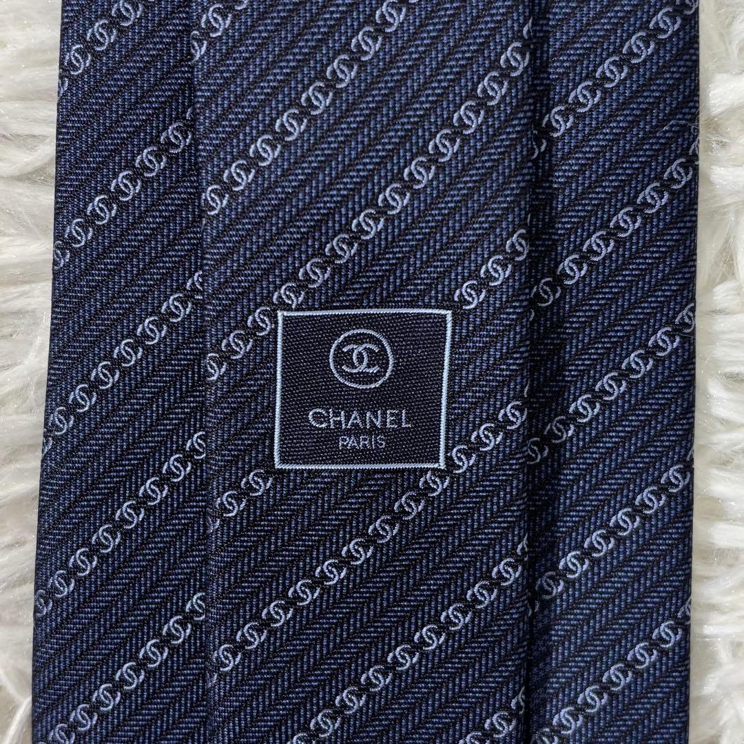 【現行】シャネル ネクタイ CC柄 ココマーク シルク100% ネイビー