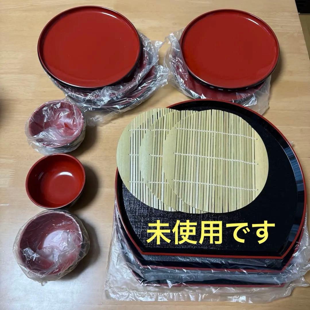 ざるそば 器 竹すだれ お盆　朱渕黒 セット　美品