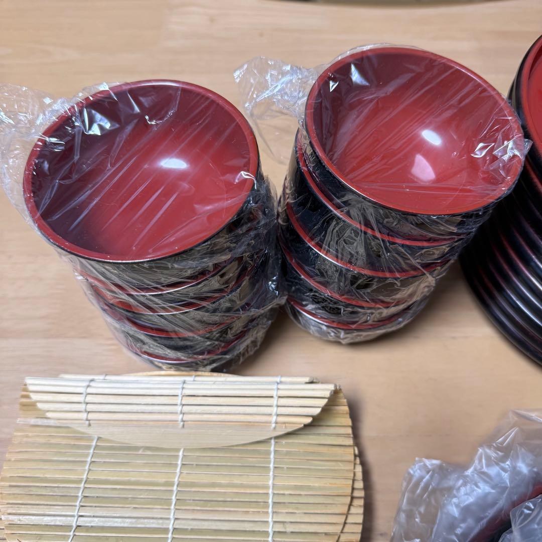 ざるそば 器 竹すだれ お盆　朱渕黒 セット　美品