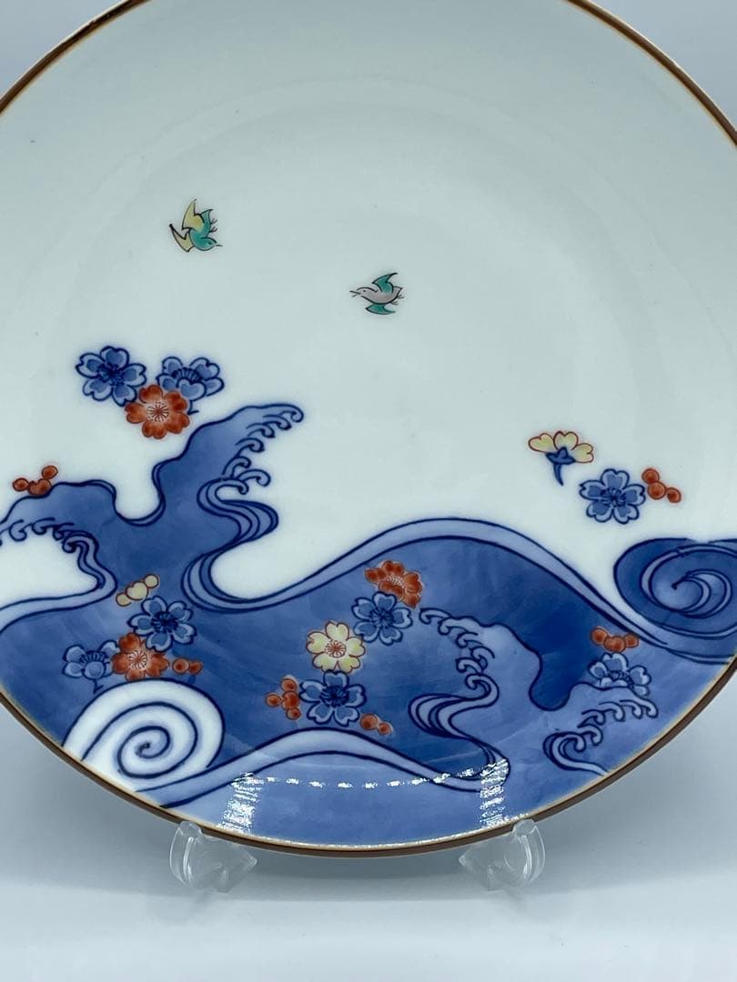 十三代 酒井田柿右衛門 染錦 波千鳥文 額皿 飾皿