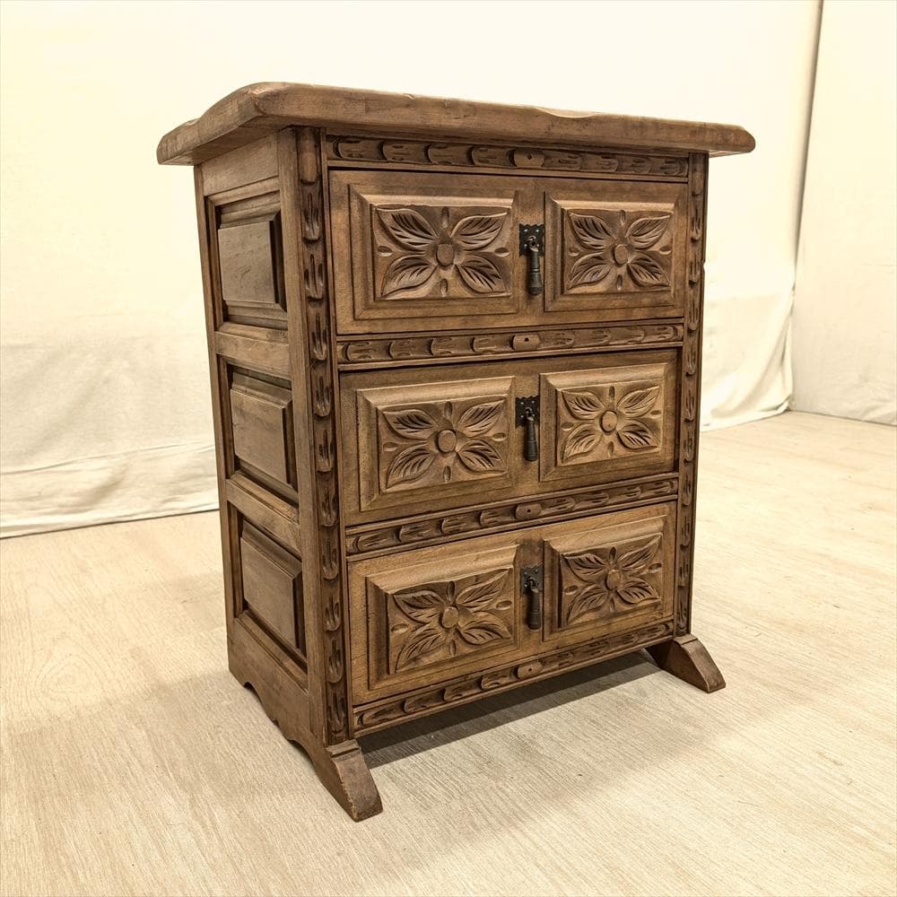 スペイン製　無垢　3段　サイドチェスト　タンス　箪笥　たんす　チェスト　ドロワー