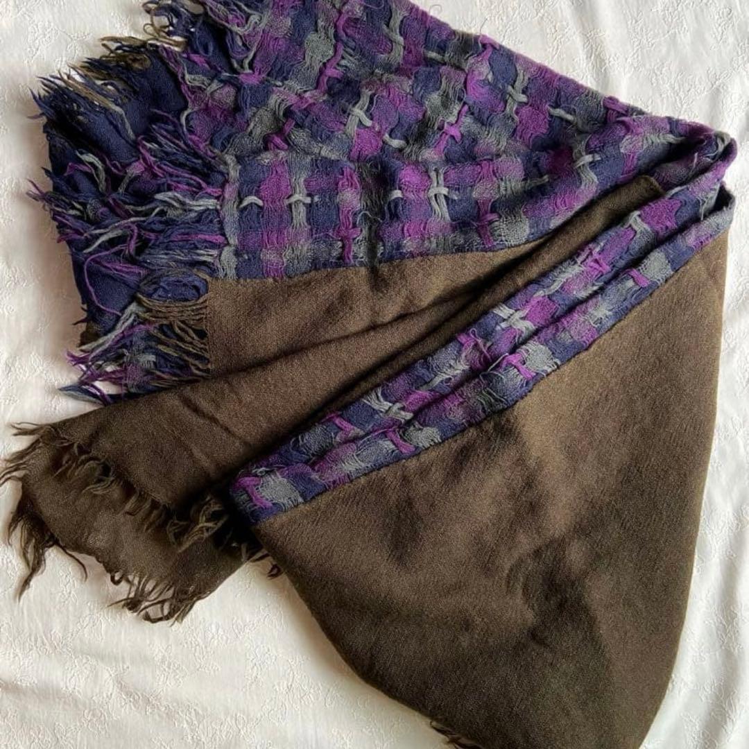 y's ダブル　レイヤード　ストール　ショール　ウール　チェック　ブラウン