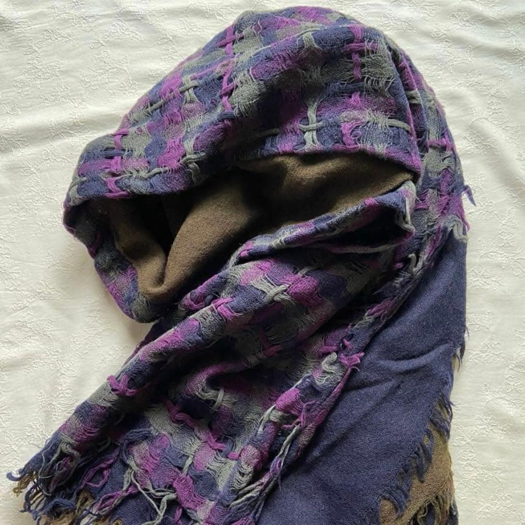 y's ダブル　レイヤード　ストール　ショール　ウール　チェック　ブラウン