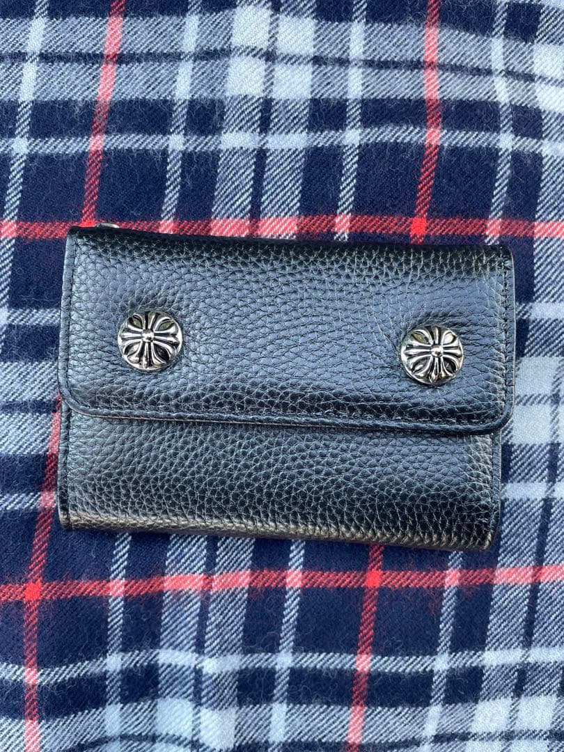 黒いレザー　三つ折り財布　アメカジ　クロスボール　ストリート　ウェーブミニ