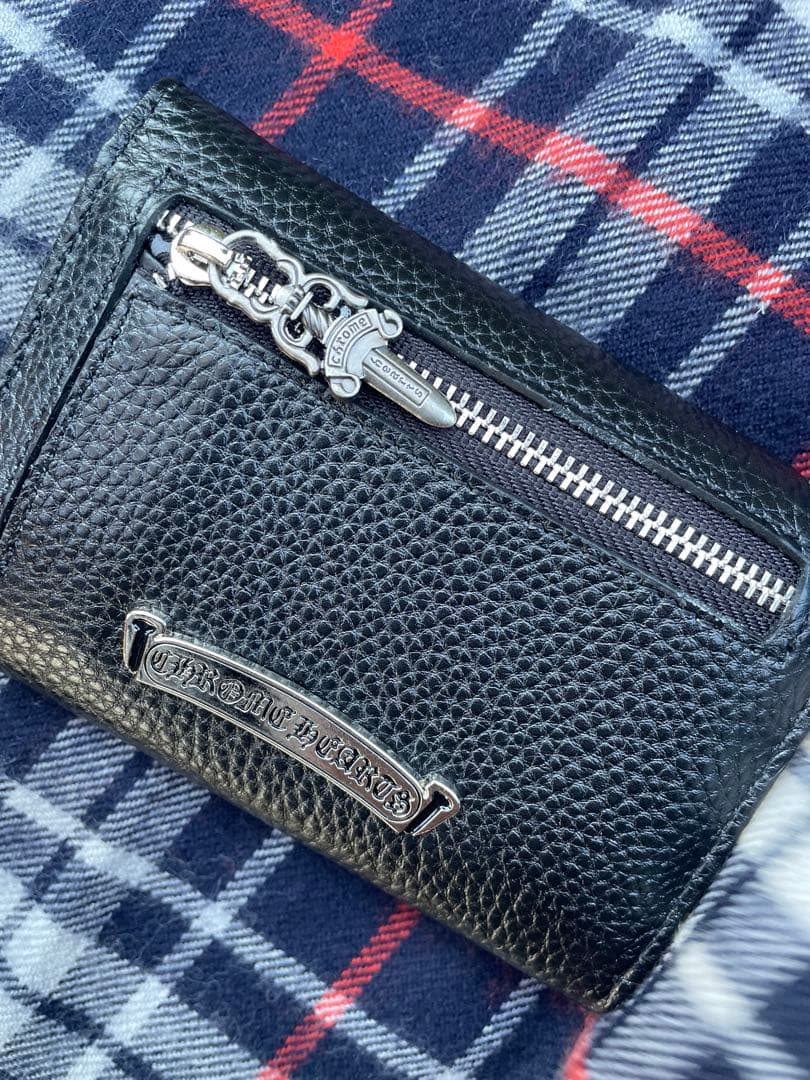 黒いレザー　三つ折り財布　アメカジ　クロスボール　ストリート　ウェーブミニ