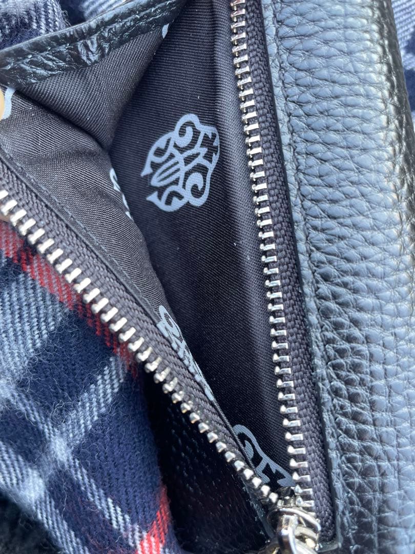 黒いレザー　三つ折り財布　アメカジ　クロスボール　ストリート　ウェーブミニ