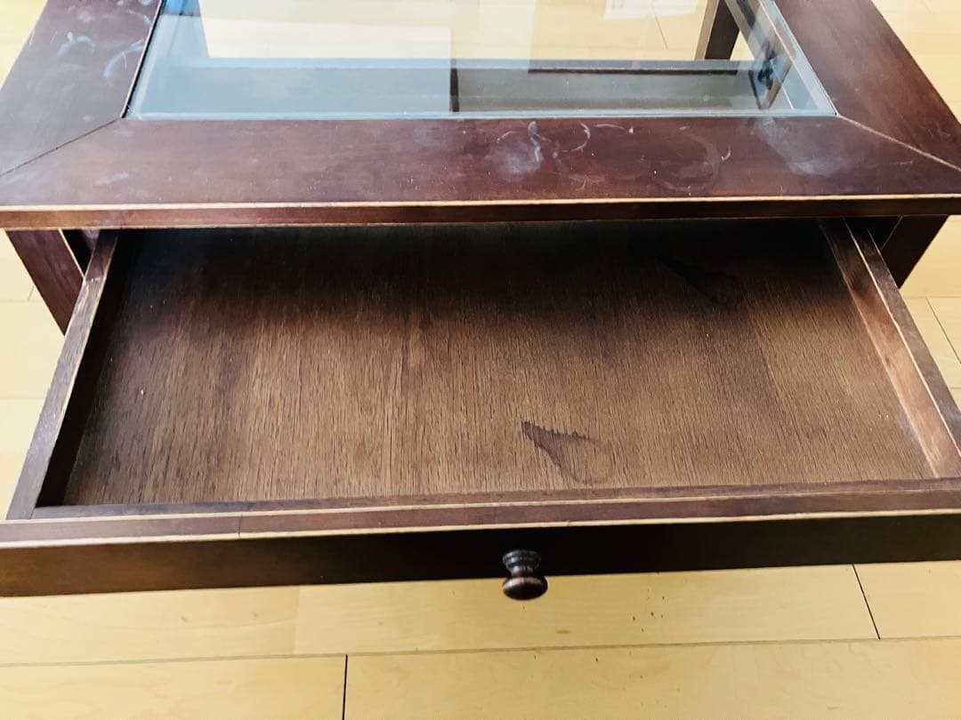 木製引き出し付き座卓 ガラス天板 約90cm x 60cm