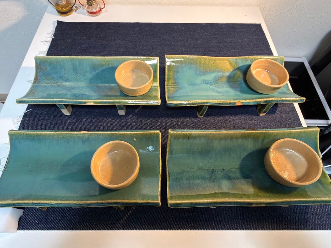 【至高の逸品】織部焼 南窯 足付長皿＆小鉢 4客セット 木箱付 豪華絢爛