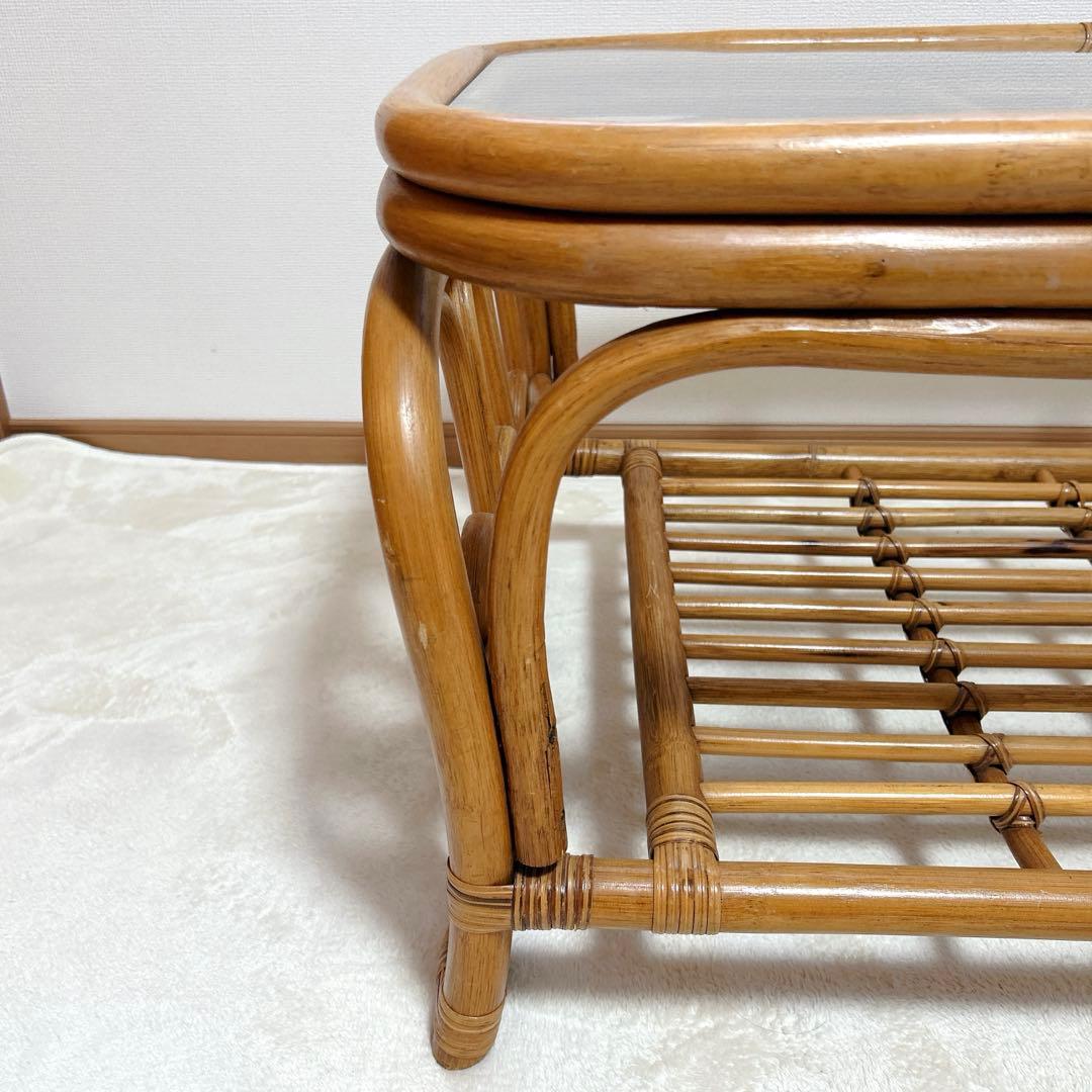 美品 ヴィンテージ ラタンテーブル 籐 コーヒーテーブル センターテーブル 棚付