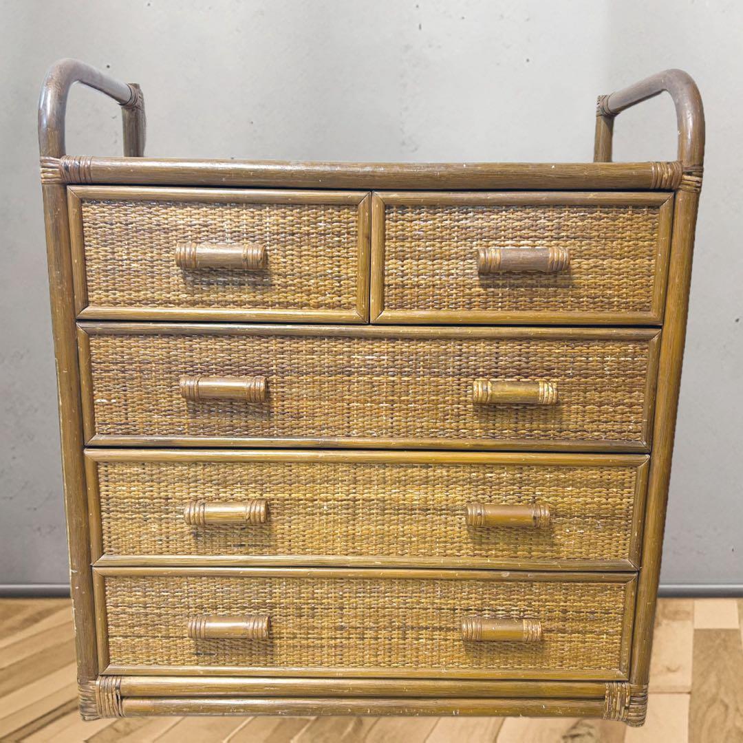 昭和レトロ ラタン サイドボード 電話台 古家具 4段引き出し箪笥