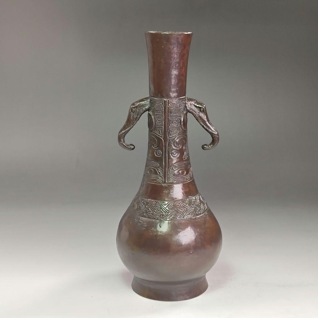 イ968 花入『唐銅風炉師　三代　一ノ瀬宗也』『胡銅写　象耳　花入　共箱』花器