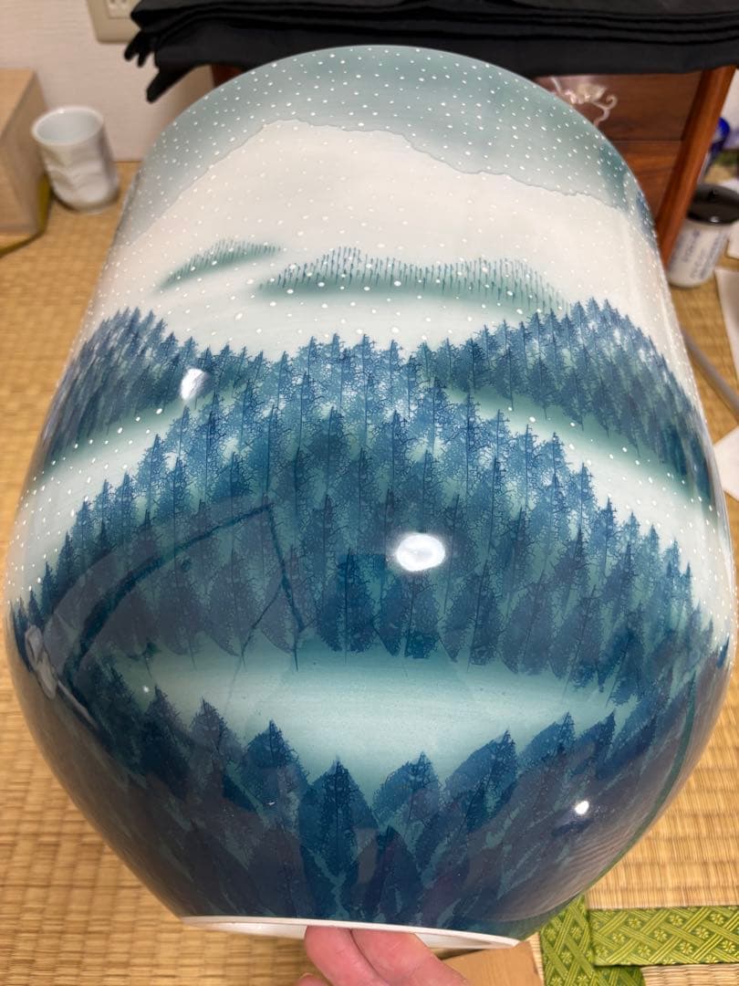 藤井朱明 壺 飾り壺 花器 日展人気作家 花瓶 有田焼 特大雪景色 共箱なし