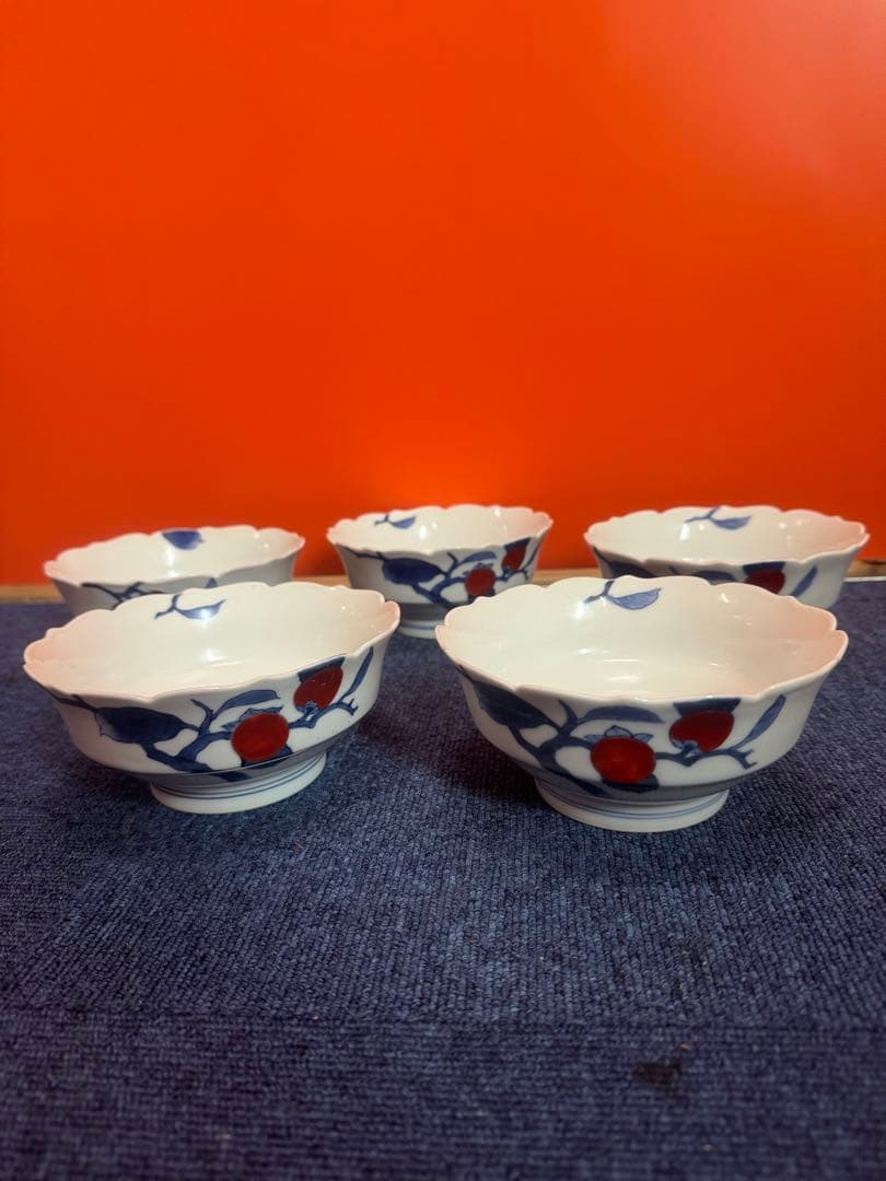 1709 深川製磁　染付柿文　中鉢　5客　15cm