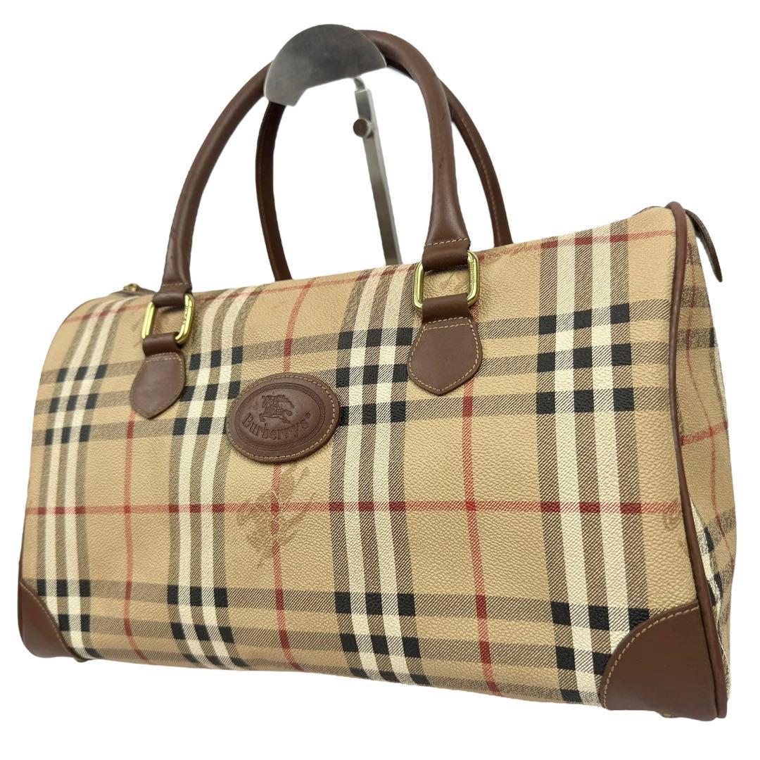 【外観美品】バーバリー ホースロゴ PVC ミニボストンバッグ ノバチェック