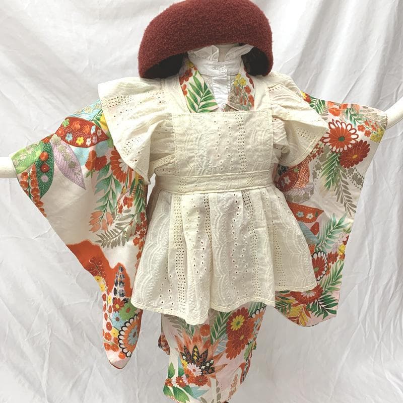 404ag45□七五三 三歳 女児 アンティーク 着物のみ 花 草花文□状態良好
